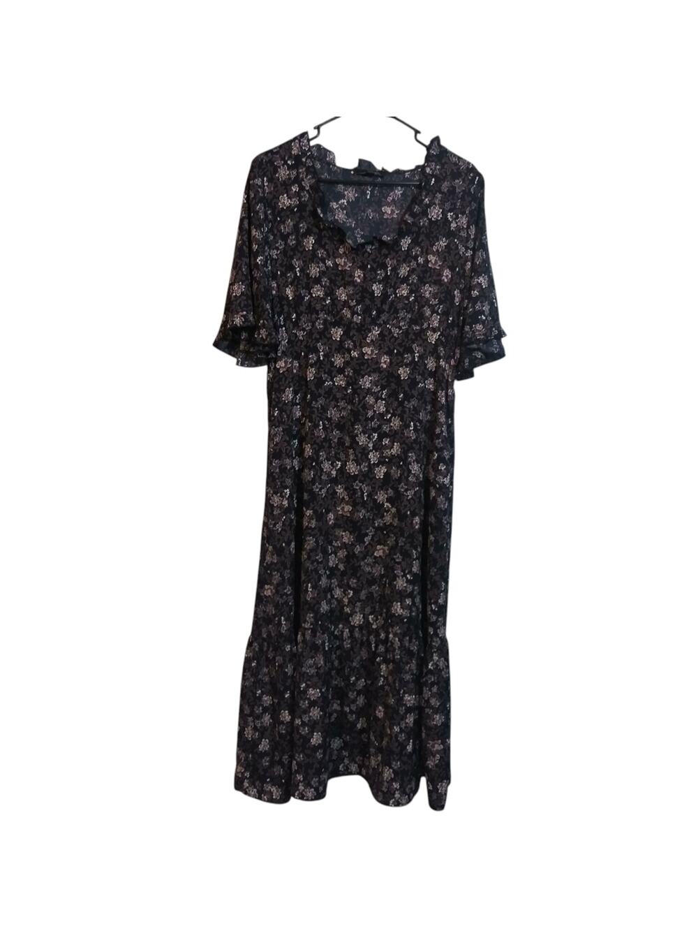 Suzanne Betro Dark Floral Black Ruffle Midi Dress Short Sleeves Size L